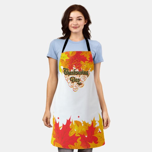 Leafy Typographic Erntedank Day Words Schürze (Getragen)