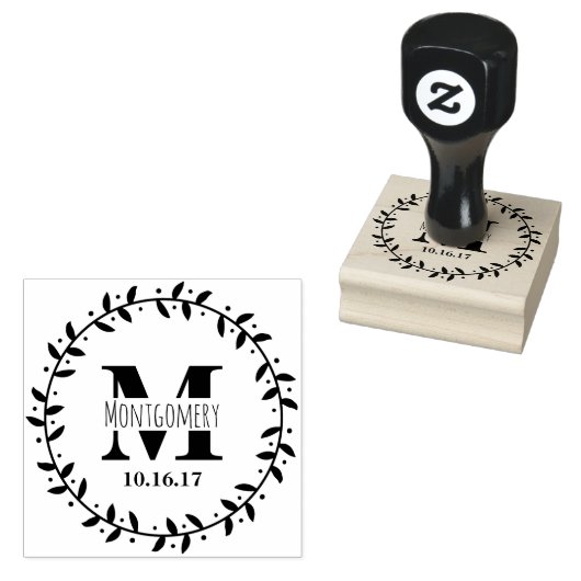 Leafy Vine Wreath Wedding Name & Datum Gummistempel (Stempel)