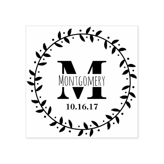 Leafy Vine Wreath Wedding Name & Datum Gummistempel (Prägung)