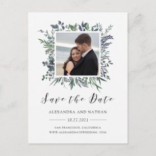 Leafy Watercolor   Save the Date mit Foto Ankündigungspostkarte