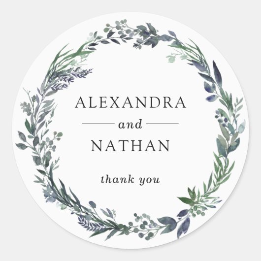 Leafy Watercolor Wreath | Hochzeit Runder Aufkleber (Vorderseite)