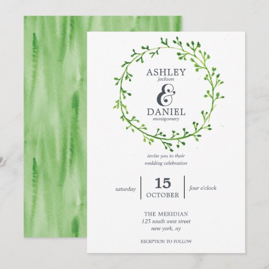 Leafy Watercolor Wreath Wedding Einladung (Vorne/Hinten)