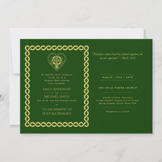 Leah G Celtic Cross Green Gold Katholic Wedding Einladung (Vorderseite)