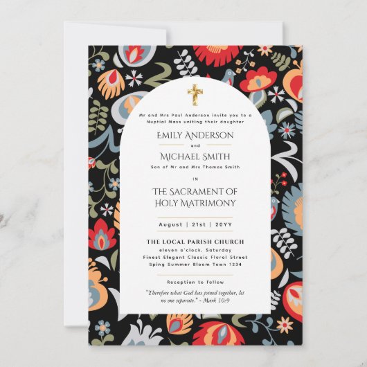 Leah G Floral Folk Katholische Hochzeitsmaße Einladung (Vorderseite)