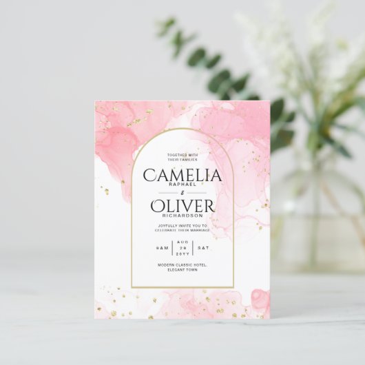 Leah G PINK GOLD INK Abstrakt Wedding INVITE (Stehend Vorderseite)