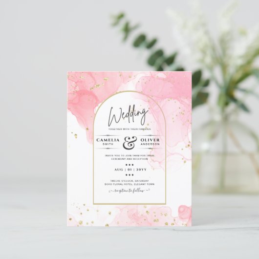 Leah G PINK GOLD INK Abstrakt Wedding INVITE (Stehend Vorderseite)