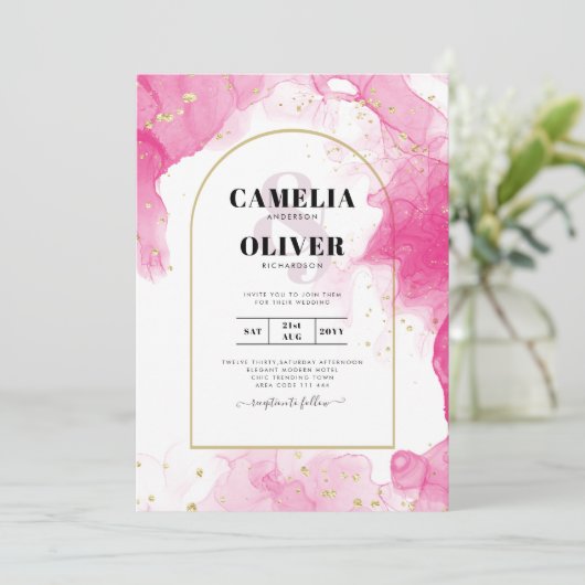 Leah G PINK GOLD INK Abstrakt Wedding INVITE Einladung (Stehend Vorderseite)