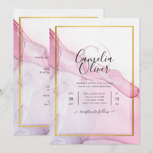 Leah G PINK Lila Tinte Abstrakt Wedding INVITE Einladung (Vorne/Hinten)