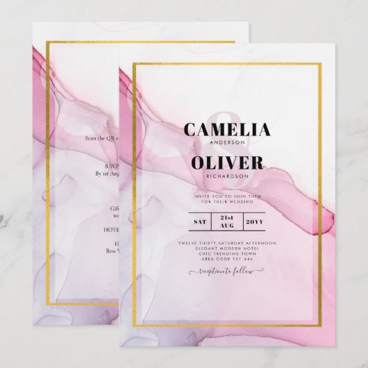 Leah G PINK Lila Tinte Abstrakt Wedding INVITE Einladung (Vorne/Hinten)