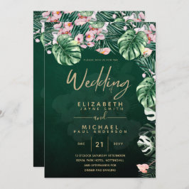 Leah G Tropical Green Pink Leaf Hochzeit Einladung