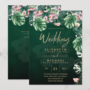 Leah G Tropical Green Pink Leaf Hochzeit Einladung
