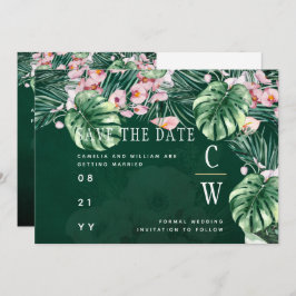 Leah G Tropical Green Pink Leaf Hochzeit Save The Date