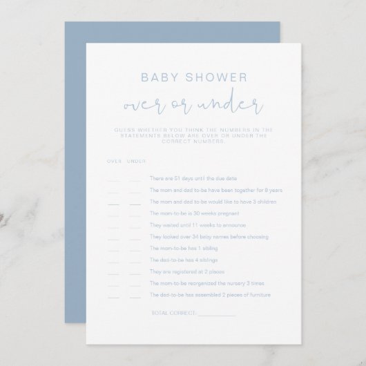 LEAH Pastel Blue Over Under Baby Showgame Einladung (Vorne/Hinten)