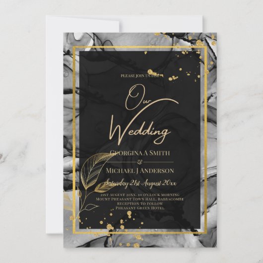 LeahG® Black Gold Alkohol Tinte Wedding INVITE Einladung (Vorderseite)