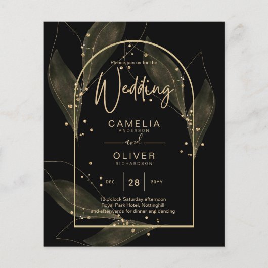LeahG Black Gold Blätter Moderne HochzeitsinvITE (Vorderseite)