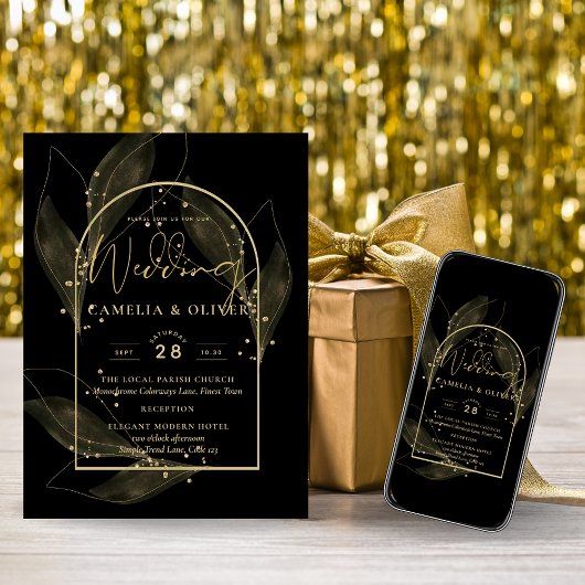 LeahG Black Gold Blätter Moderne HochzeitsinvITE Einladung