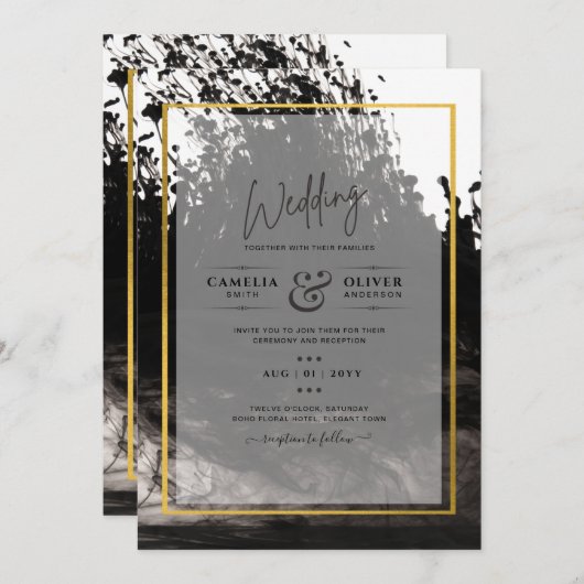 LeahG Black Gold INK Abstrakt Wedding Einladung (Vorne/Hinten)
