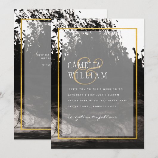 LeahG Black Gold INK Abstrakt Wedding Einladung (Vorne/Hinten)