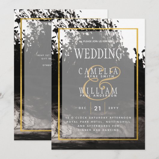 LeahG Black Gold INK Abstrakt Wedding Einladung (Vorne/Hinten)
