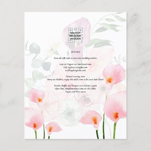 LeahG Blush Pink Calla Lily Wedding Einladung Flor Flyer (Hinten)