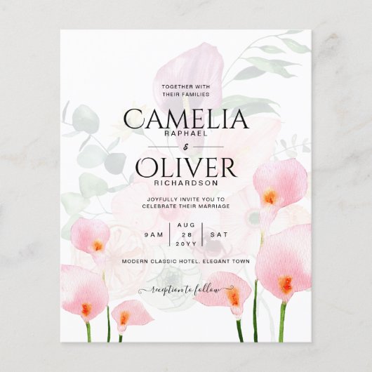 LeahG Blush Pink Calla Lily Wedding Einladung Flor Flyer (Vorne)