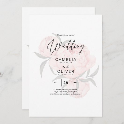 LeahG Blush Pink Floral OVERLAY Text Wedding Einladung (Vorne/Hinten)