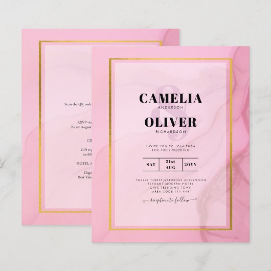 LeahG Blush Pink Gold INK Ombre Wedding INVITE (Vorne/Hinten)