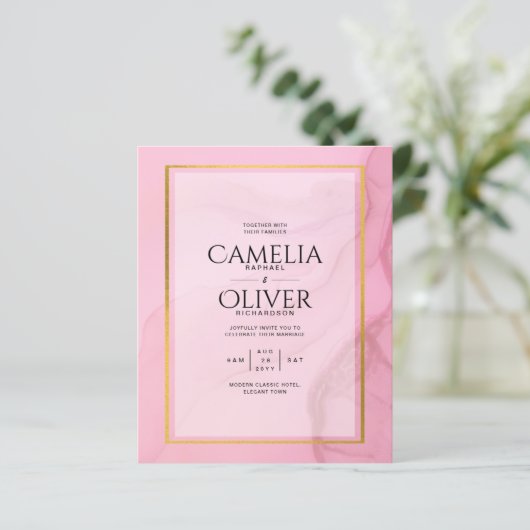LeahG Blush Pink Gold INK Ombre Wedding INVITE (Stehend Vorderseite)
