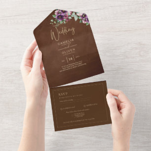LeahG Brown Berry Pflaume Lila Hochzeit Herbst Win All In One Einladung