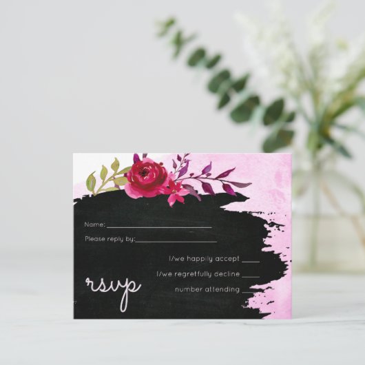 LeahG Budget Pink Rose Black Modern Wedding Einladungspostkarte (Stehend Vorderseite)
