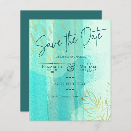 LeahG BUDGET Save the Date Aquamarin Gold Watercol (Vorne/Hinten)