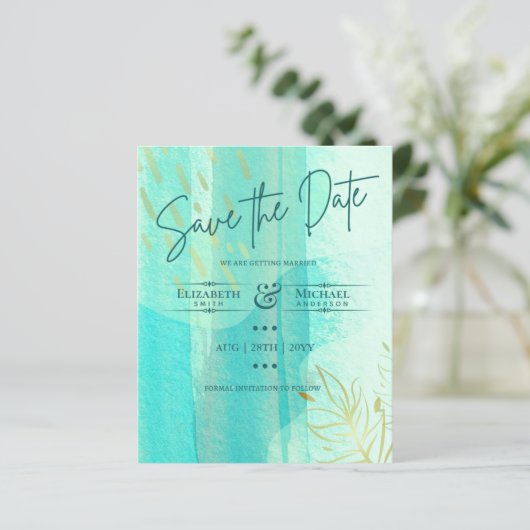 LeahG BUDGET Save the Date Aquamarin Gold Watercol (Stehend Vorderseite)