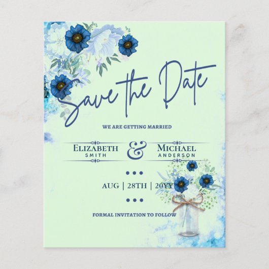 LeahG BUDGET Save the Date Blue Mint Florals (Vorderseite)