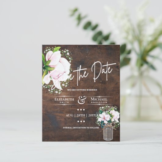 LeahG BUDGET Save the Date Rosa Magnolias (Stehend Vorderseite)