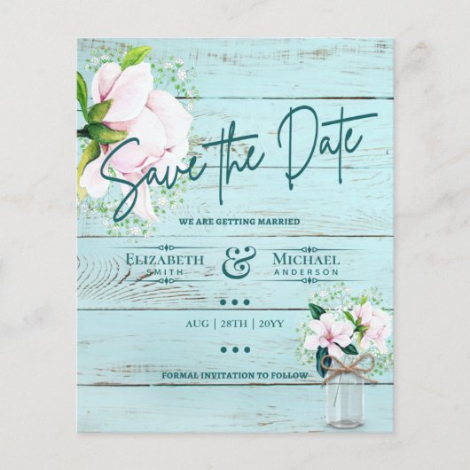 LeahG BUDGET Save the Date Rosa Magnolias Aquamari (Vorderseite)