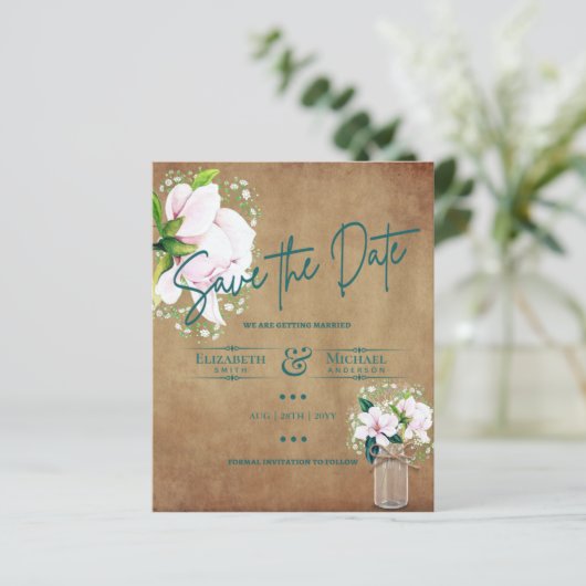 LeahG BUDGET Save the Date Rustikale Magnolien (Stehend Vorderseite)