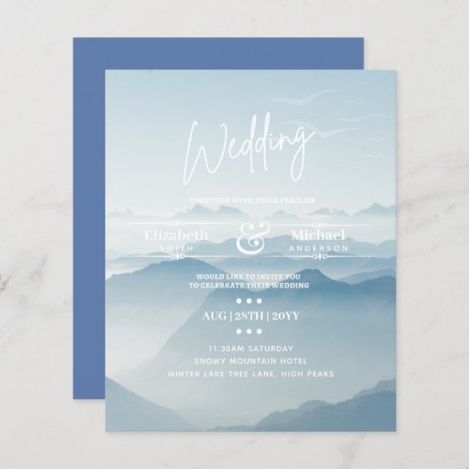 LeahG BUDGET Snowy Mountain Wedding Einladung (Vorne/Hinten)