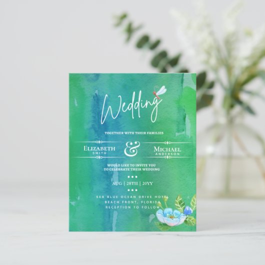 LeahG BUDGET Wedding Invite Garden Pond Wasserfarb (Stehend Vorderseite)