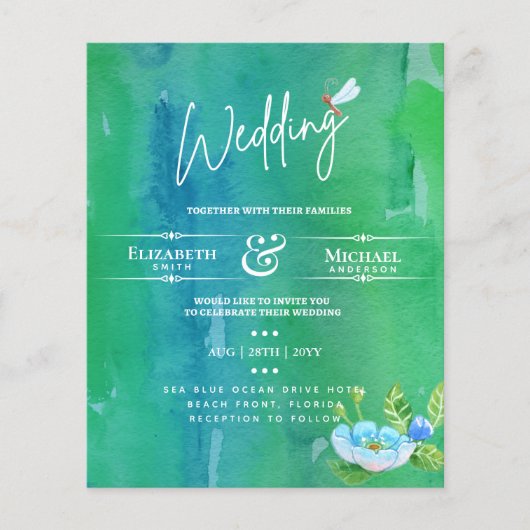 LeahG BUDGET Wedding Invite Garden Pond Wasserfarb (Vorderseite)
