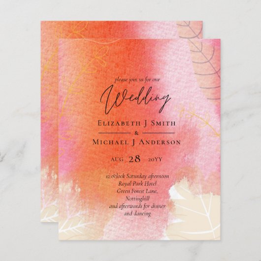 LeahG Budget Wedding Red Orange Watercolor Blätter (Vorne/Hinten)