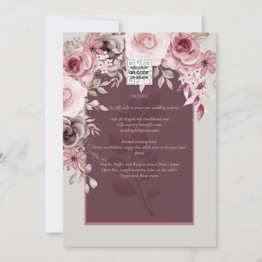 LeahG Burgundy Blush Roses Hochzeit im Herbst Inv. Einladung (Rückseite)