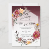 LeahG Burgundy Yellow Floral Wedding Einladung (Vorderseite)