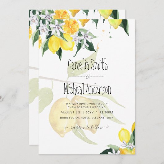 LeahG Citrus Lemons Budget Hochzeit Einladung Gelb (Vorne/Hinten)