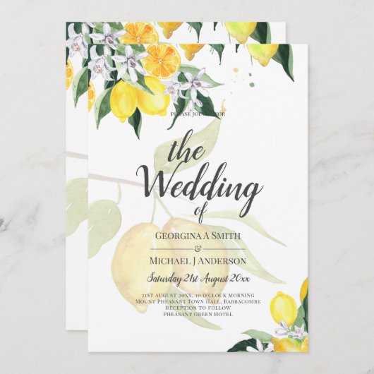 LeahG Citrus Yellow Lemons Wedding Invites (Vorne/Hinten)