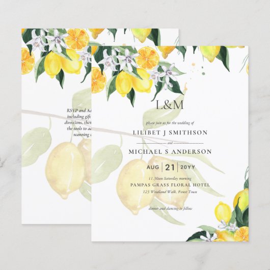 LeahG Citrus Yellow Lemons Wedding Invites (Vorne/Hinten)