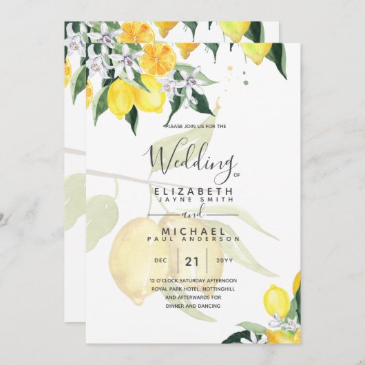 LeahG Citrus Yellow Lemons Wedding Invites Einladung (Vorne/Hinten)