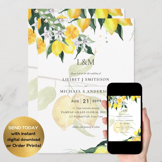 LeahG Citrus Yellow Lemons Wedding Invites Einladung