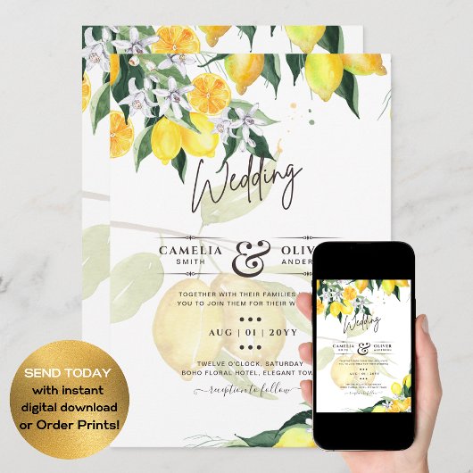 LeahG Citrus Yellow Lemons Wedding Invites Einladung
