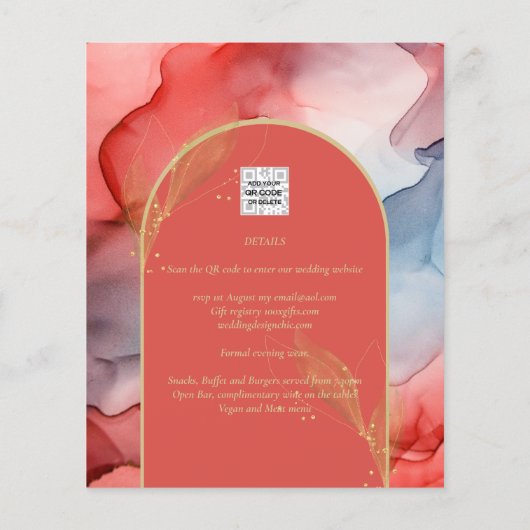 LeahG Coral Navy Blue Gold INK Wedding INVITE (Rückseite)