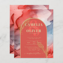 LeahG Coral Navy Blue Gold INK Wedding INVITE